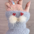 Cream Fur Pom Pom Stud Earrings with Red Heart Top Accents view 4