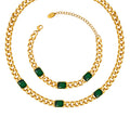 Gold Cuban Chain Necklace Bracelet Green Glass Stones view 5