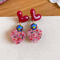Resin Heart Drop Earrings in Pink Blue and Red Colorways view 7