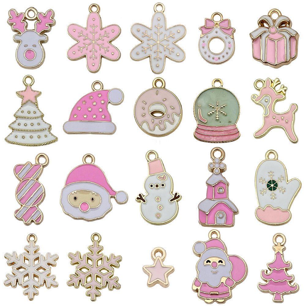 Glass Pink White Enamel Santa Claus Snowflake Gift Box Charm Pendant for DIY Bracelet Jewelry