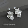 Silver Tone Clear Square Top And Ruffled Leaf Drop Stud Earrings view 1