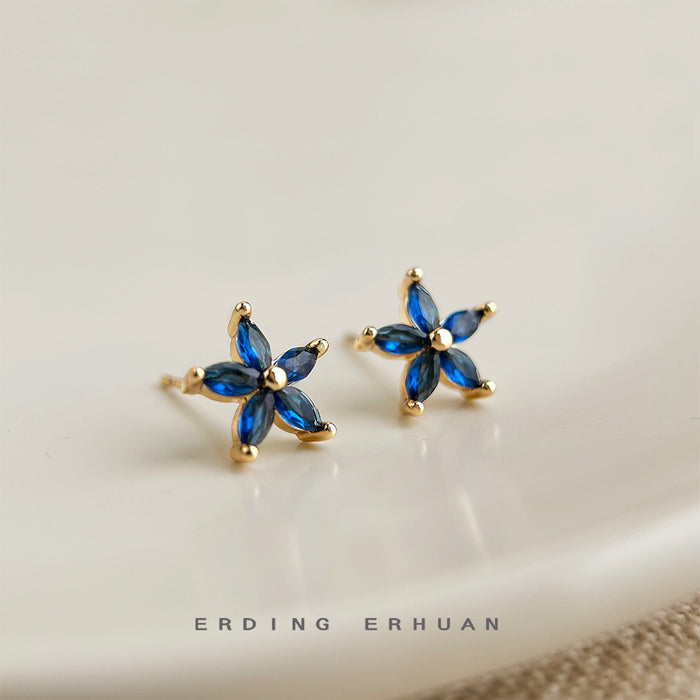 Gold Blue Five-Petal Flower Stud Earrings Marquise Stones