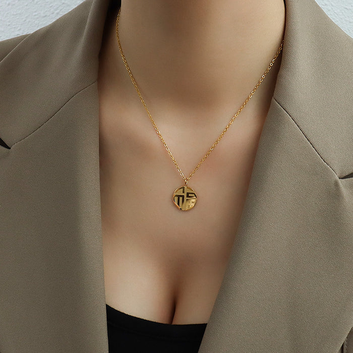 Gold Fu Character Round Pendant Necklace Chinese Style Medallion