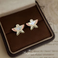 Gold Mother-Of-Pearl Swallow Pink Enamel Pave Stud Earrings view 1