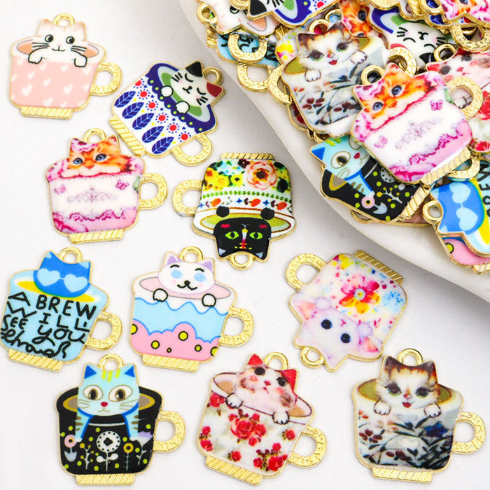 Printed Cat Mug Enamel Charm Collection for Jewelry Making