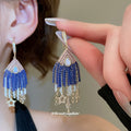 Blue Beaded Fringe Teardrop Hook Earrings with Clear Stones view 2