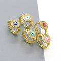 Gold Tone Crystal Halo Round Evil Eye Chain Band Rings in Five Colors view 1