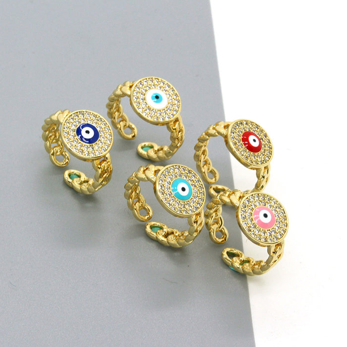 Gold Tone Crystal Halo Round Evil Eye Chain Band Rings in Five Colors