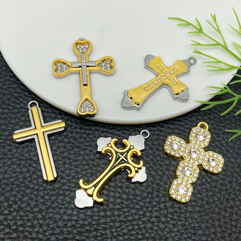 Gold Tone Zinc Alloy Cross Charm Pendant with Rhinestone Detail for DIY Necklace Jewelry