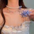 White Pearl Beaded Orchid Flower Necklace Drop Earrings view 3