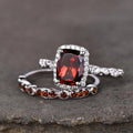 Deep Red Rectangular Halo Two-Ring Set In Silver Tone view 2