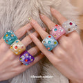 Chunky Resin Rhinestone Studded Square Cocktail Rings view 1