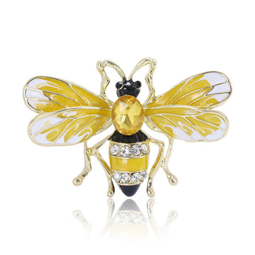 Yellow Enamel Bee Brooch Gold Tone Amber Gem Rhinestones