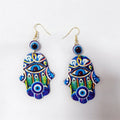 Gold Tone Printed Acrylic Hamsa Hand Evil Eye Hook Earrings in Eleven Designs view 2