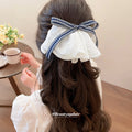 White Eyelet Lace Bow Spring Hair Clips Grey Gingham view 3