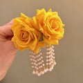 Yellow Rose Pearl Loop Drop Earrings Decorative Jewelry view 3