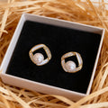 Pearl Geometric Stud Earrings in Gold Tone Polished Metal Jewelry view 2