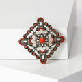 Antique Silver Tone Filigree Square Floral Brooch in Blue and Red view 2