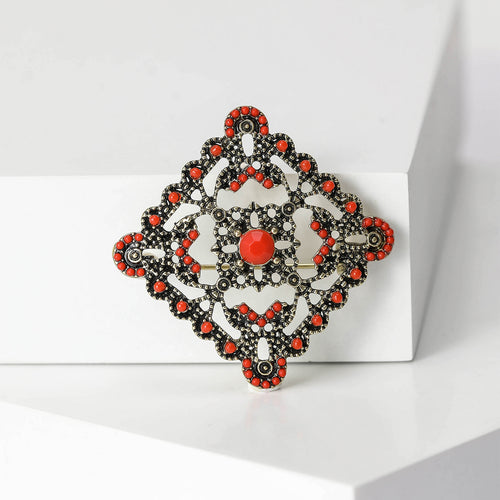 Antique Silver Tone Filigree Square Floral Brooch in Blue and Red front view on a white background