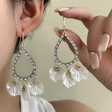 Shell Look Petal Crystal Teardrop Long Hook Earrings