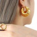 Gold Grid Textured Hollow U-Shape Chunky Hoop Earrings view 1