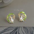 Gold Tone Green Leaf White Cat And Orchid Scene Stud Earrings view 6