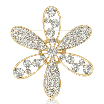 Six Petal Crystal Flower Brooch Openwork Gold Silver