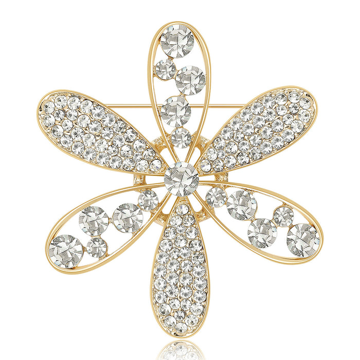 Six Petal Crystal Flower Brooch Openwork Gold Silver