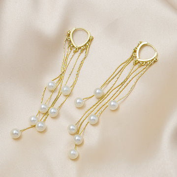Gold Pearl Look Multi Chain Extra Long Huggie Earrings