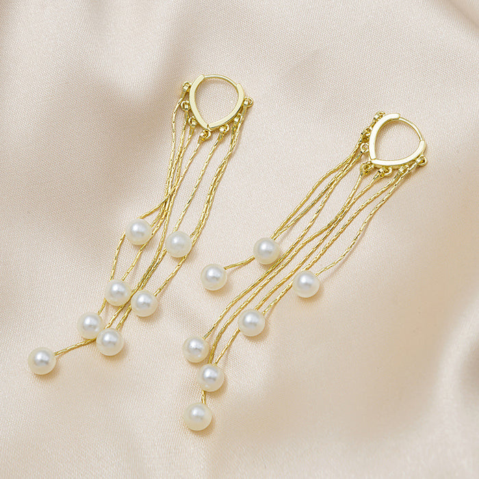 Gold Pearl Look Multi Chain Extra Long Huggie Earrings