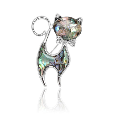 Abalone Shell Cat Brooch with Curled Tail displayed from the front