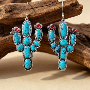 Turquoise-Color Cactus And Red Flower Dangle Earrings