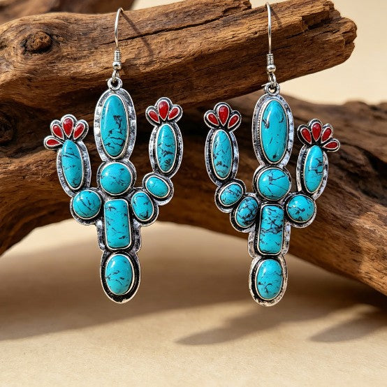 Turquoise-Color Cactus And Red Flower Dangle Earrings
