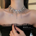 Silver Tone Crystal Rhinestone Tassel Choker Statement Necklace view 4