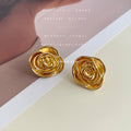 Gold Dimensional Relief Rose Flower Stud Earrings Pair view 3