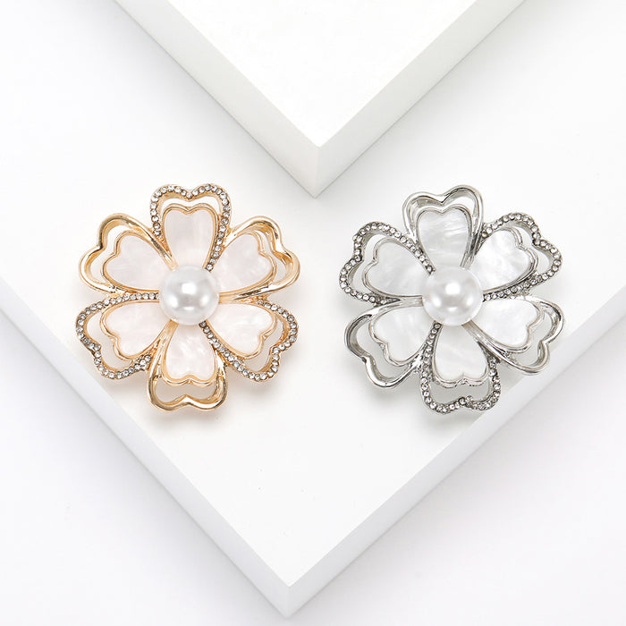 Camellia Shell Pearl Brooch Gold Silver Rhinestone Flower Pin