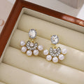 Gold Oval Crystal Stud Earrings with Pearl Fan Drops view 4