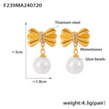 Bow Pearl Drop Stud Earrings with Rhinestone Center Gold Steel view 7