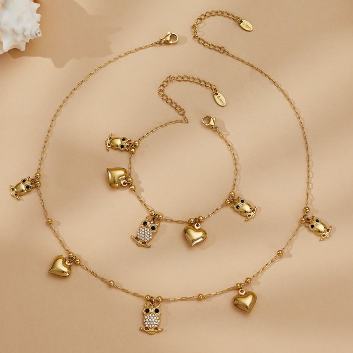 Gold Owl Heart Charm Necklace Bracelet Flower Pendant