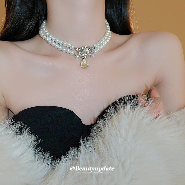 Double Strand Pearl Necklace Crystal Teardrop Pendant