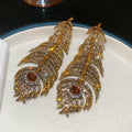 Crystal Feather Drop Earrings in Gold Brown or Blue Green view 6