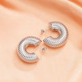 Ribbed C Shape Open Hoop Stud Earrings Gold White Metal view 5