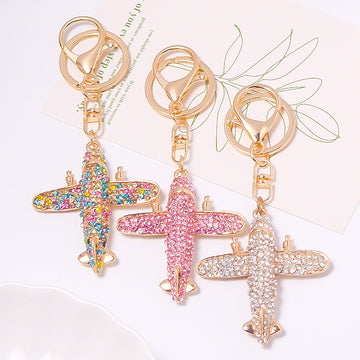 Rhinestone Airplane Keychain Gold Tone Metal Plane Charm