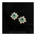 Gold Tone Green Square Center And Clear Petal Flower Stud Earrings view 1