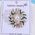 Pearl Center Leaf Wreath Brooch Pin with Clear Crystals view 3