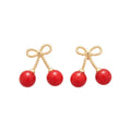 Silver Tone Double Cherry Bow Stud Earrings With Red Drops view 5