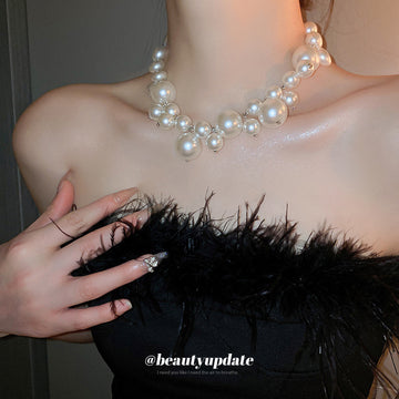 White Mixed Size Pearl Choker Necklace Silver Clasp