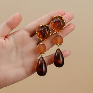 Amber Look Three Part Teardrop Long Dangle Stud Earrings