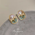Gold Tone Painted Floral White Pearl Oval Stud Earrings view 4