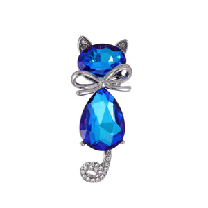 Cat Brooch Pin with Bow and Rhinestones in Four Stone Colors
